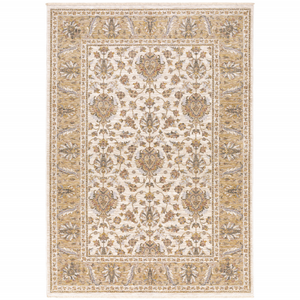 5' X 8' Ivory And Gold Oriental Power Loom Stain Resistant Area Rug With Fringe