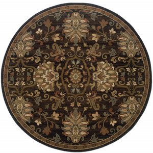 8' Brown Round Oriental Power Loom Stain Resistant Area Rug - 606114602118
