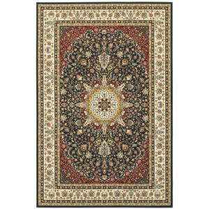 5' X 8' Navy And Ivory Oriental Power Loom Stain Resistant Area Rug - 606114603320