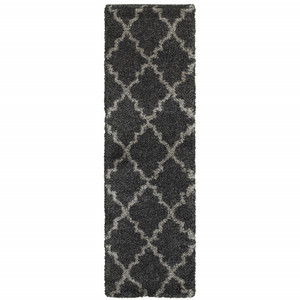2' X 8' Charcoal And Grey Geometric Shag Power Loom Stain Resistant Runner Rug - 606114584520
