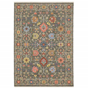 5' X 8' Grey Salmon Pink Gold Blue Rust Deep Blue Ivory And Green Oriental Power Loom Stain Resistant Area Rug With Fringe - 606114604600