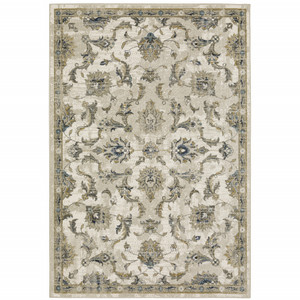 5' X 7' Beige Gold Blue And Grey Oriental Power Loom Stain Resistant Area Rug - 606114613695 5' X 7' Beige Gold Blue And Grey Oriental Power Loom Stain Resistant Area Rug - 606114613695