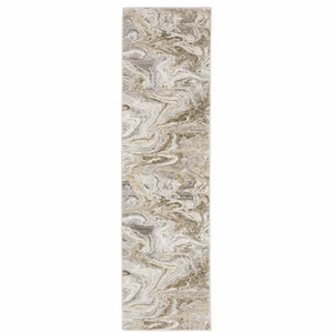 2' X 8' Ivory Tan Beige Grey And Brown Abstract Power Loom Stain Resistant Runner Rug - 606114607663