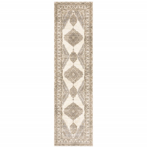 Homeroots Home Decor 2' X 8' Oriental Runner Rug, Beige and Ivory, Power Loom Stain Resistant