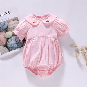 Baby Girl Solid Color Cherry Embroide Design Puff Sleeved Onesies