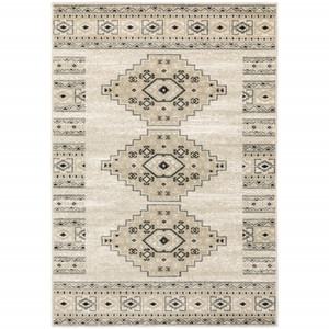 Homeroots Home Decor 6' X 9' Ivory Grey Black And Ivory Southwestern Power Loom Stain Resistant Area Rug, Ivory Grey Black, Power Loom