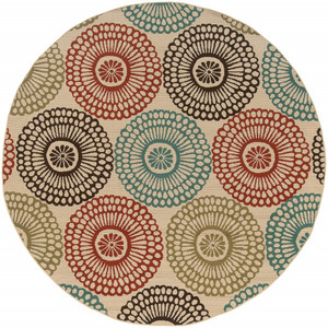 Homeroots Home Decor 8' Round Beige and Blue Medallion Indoor Outdoor Area Rug
