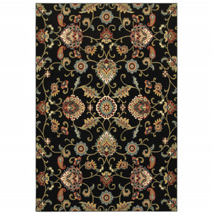 Homeroots Home Decor 5' x 8' Floral Area Rug, Black Red Green Ivory Salmon Yellow, Power Loom Stain Resistant