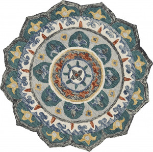 6’ Round Teal Decorative Floral Area Rug - 808230063150