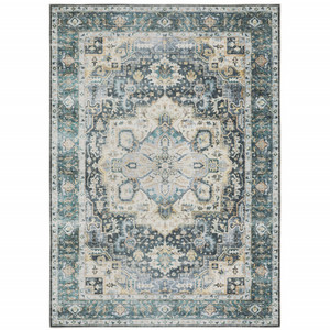 5' X 7' Blue Ivory Teal Brown And Gold Oriental Printed Stain Resistant Non Skid Area Rug - 606114618331