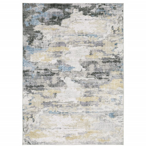 Homeroots Home Decor 5' x 7' Abstract Printed Area Rug, Grey Blue Charcoal Ivory Yellow Beige Tan, Stain Resistant Non-Skid