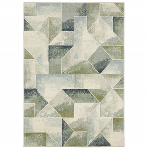 Homeroots Home Decor 8' X 11' Teal Grey Tan And Beige Geometric Power Loom Stain Resistant Area Rug