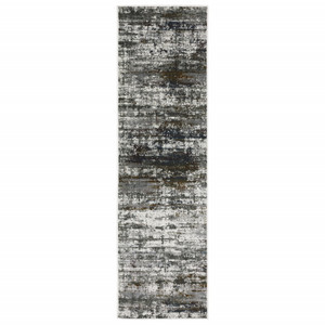 Homeroots Home Decor 2' x 8' Ivory Charcoal Grey Blue Rust and Brown Abstract Power Loom Stain Resistant Runner Rug