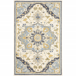 Homeroots Home Decor Bohemian Area Rug, Blue and Ivory, 5'x8'