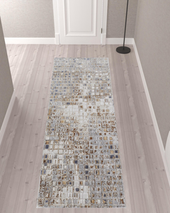 10' Tan Ivory And Blue Geometric Distressed Runner Rug