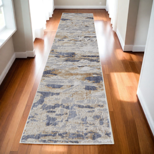 10' Ivory Tan And Blue Abstract Distressed Runner Rug