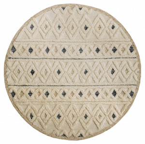 Homeroots Home Decor 6' Round Cream and Blue Striped Diamonds Area Rug