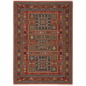 Homeroots Home Decor 5' X 8' Oriental Area Rug, Red Blue Beige and Green, With Fringe