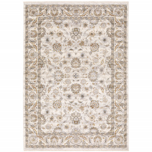 6' X 9' Ivory And Grey Oriental Power Loom Stain Resistant Area Rug With Fringe - 606114606123