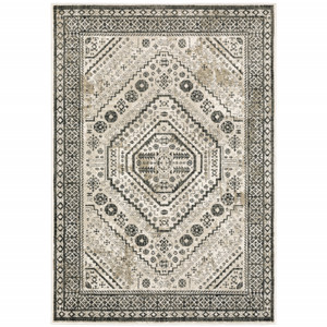Homeroots Home Decor 8' x 10' Oriental Power Loom Area Rug, Ivory Grey Black and Ivory, Stain Resistant