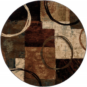Homeroots Home Decor 8' Round Brown and Black Abstract Geometric Area Rug