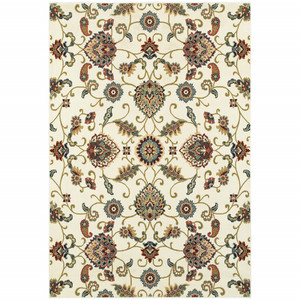Homeroots Home Decor 5' X 8' Area Rug, Ivory Green Blue Red Salmon Yellow, Floral Power Loom Stain Resistant