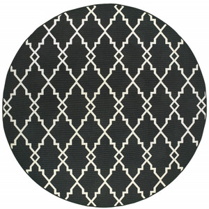 Homeroots Home Decor 8' Round Black and Ivory Trellis Indoor Outdoor Area Rug