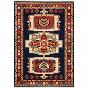 Homeroots Home Decor 3' x 5' Blue and Red Machine Woven Medallion Indoor Area Rug