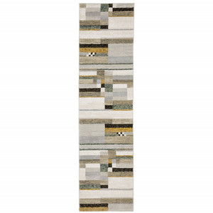 Homeroots Home Decor 2' x 8' Geometric Power Loom Stain Resistant Runner Rug, Beige Gold Black Grey Tan Teal Rust
