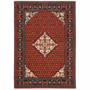 Homeroots Home Decor 5' x 8' Oriental Area Rug, Red Blue Ivory Orange Finish, Stain Resistant with Fringe