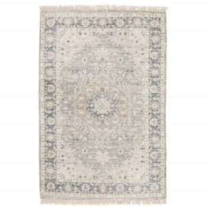 Homeroots Home Decor 5' X 8' Beige And Grey Oriental Hand Loomed Stain Resistant Area Rug With Fringe