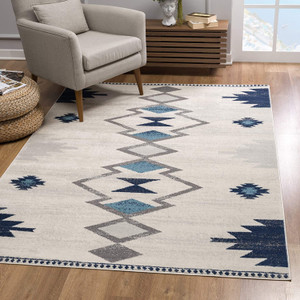 7’ X 10’ Navy And Ivory Tribal Pattern Area Rug - 808230030961