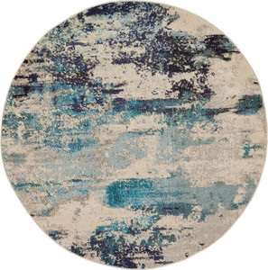 5' X 5' Ivory And Teal Blue Round Abstract Power Loom Non Skid Area Rug - 606114459149