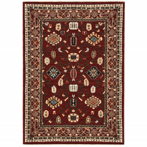 Homeroots Home Decor 3' x 5' Oriental Area Rug, Red Black Ivory and Brown, With Fringe