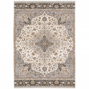 Homeroots Home Decor Ivory and Blue Oriental Power Loom Stain Resistant Area Rug With Fringe 5' x 8'