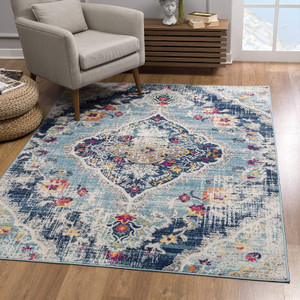 Homeroots Home Decor 7' x 10' Blue Distressed Medallion Area Rug