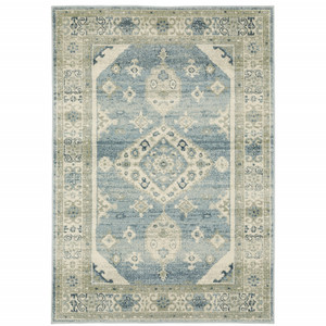 5' X 7' Blue Grey Beige And Teal Oriental Power Loom Stain Resistant Area Rug - 606114595441