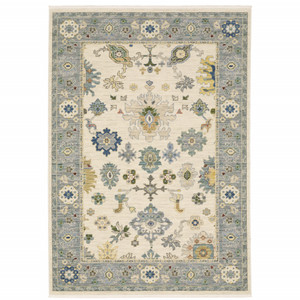 Homeroots Home Decor 3' x 5' Oriental Power Loom Area Rug, Ivory Blue Grey Teal Gold Green and Rust Colors, With Fringe