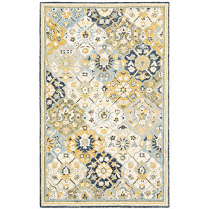 5' X 8' Blue Green Gold Navy And Ivory Geometric Tufted Handmade Stain Resistant Area Rug - 606114587125