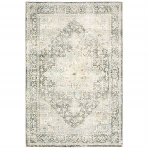 Homeroots Home Decor 5' x 7' Oriental Power Loom Stain Resistant Area Rug, Grey Ivory and Blue
