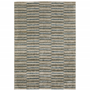 5' X 8' Teal Blue Grey And Tan Geometric Power Loom Stain Resistant Area Rug - 606114587620