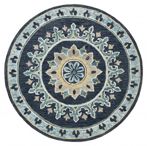 7’ Round Blue Floral Medallion Area Rug - 808230064126
