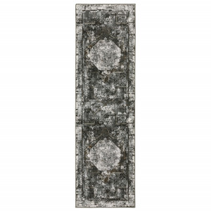 2' X 8' Charcoal Rust Grey Blue Ivory And Brown Oriental Power Loom Stain Resistant Runner Rug - 606114601166