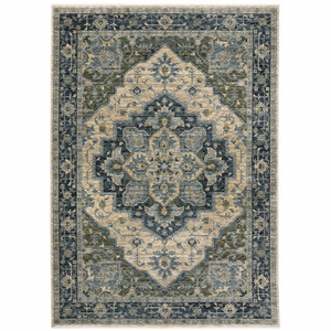 Homeroots Home Decor 5' x 8' Oriental Area Rug, Blue Grey Beige Tan Green and Gold, Power Loom Stain Resistant with Fringe