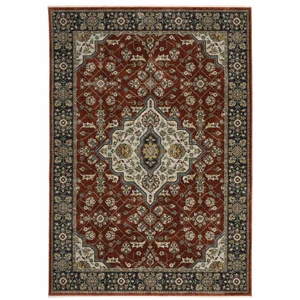 7' X 10' Red And Blue Oriental Area Rug With Fringe