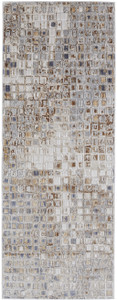 8' Tan Ivory And Blue Geometric Power Loom Distressed Runner Rug - 606114133094