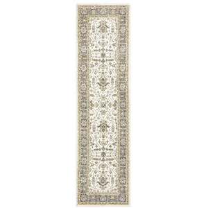 Homeroots Home Decor 2' X 8' Oriental Runner Rug, Ivory, Grey and Blue, Power Loom Stain Resistant