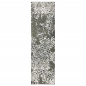 Homeroots Home Decor 2' x 8' Ivory Grey Blue and Taupe Abstract Power Loom Stain Resistant Runner Rug