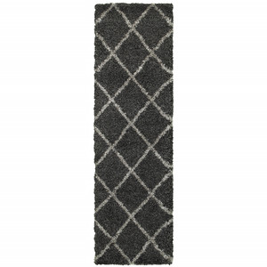 2' X 8' Charcoal And Grey Geometric Shag Power Loom Stain Resistant Runner Rug