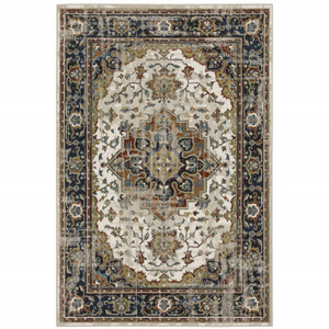 Homeroots Home Decor 8' x 10' Oriental Power Loom Stain Resistant Area Rug, Beige Blue Green Rust and Grey